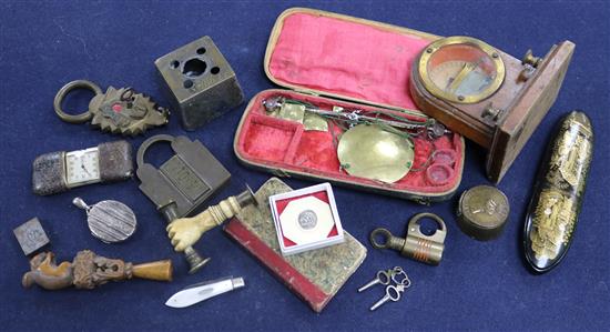 An 18th century brass quill stand, dated 1766 and sundry curiosities